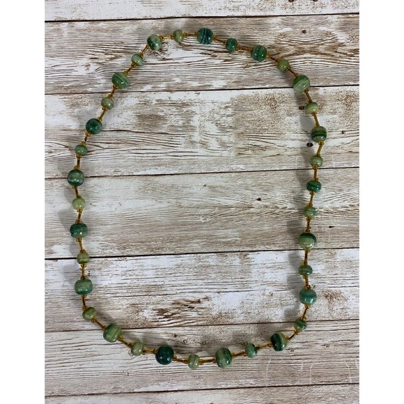 Bead Necklace 26 in No Clasp Green Natural Malachite W Amber Colored Spacer Vtg - Picture 11 of 11